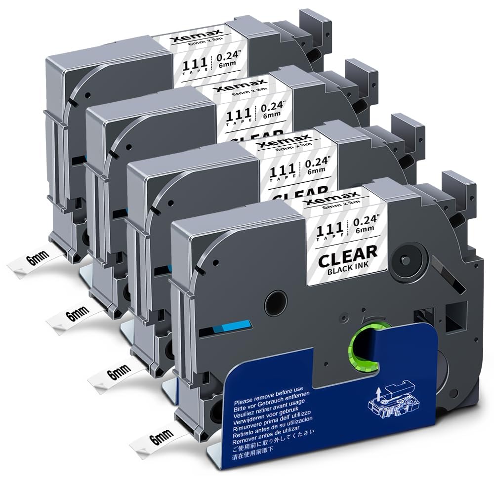 4X XemaX Label Tape Compatible for Brother Label Printer Tape Clear 6mm TZe-111 TZ-111 P-Touch Black on Transparent Tape Cassette for Brother PT-E110 H100R H110 H101C H108 E100 H100LB H105 1010