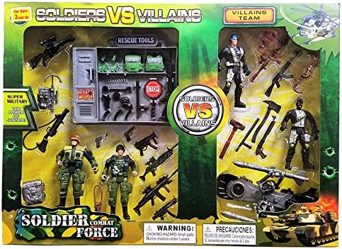 Soldier Combat Force - Soldiers vs Villians Action Figure Set | 4 Action Figures (2 Soldiers &amp; 2 Villains) + Over 20 Accessories Including Guns, Mountable Vehicle, &amp; "Rescue Tools" Storage