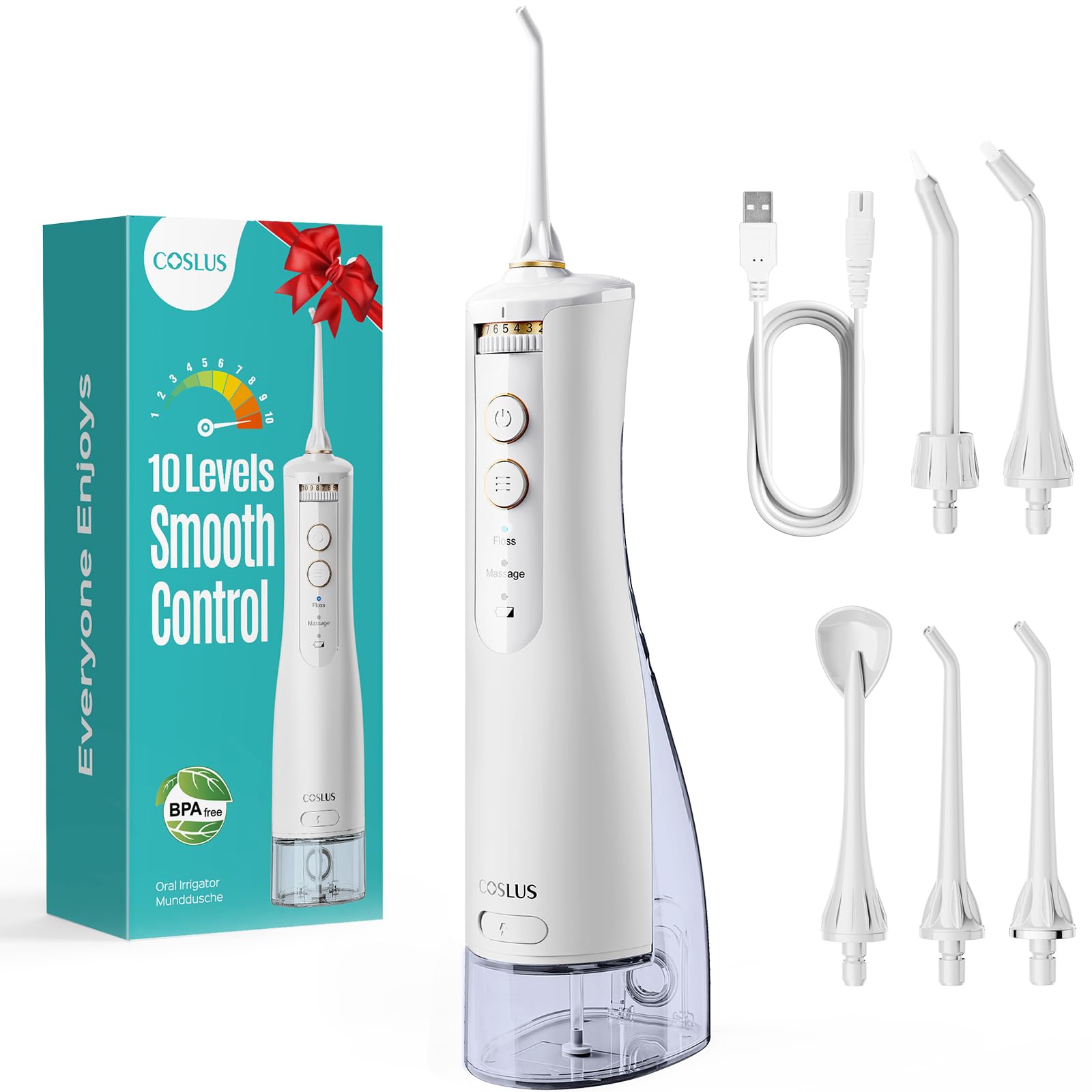 COSLUS E40 Water Flosser for Teeth Cordless: 2 Modes & 10 Levels Irrigador Dental for Orthodontic & Braces & Sensitive Gums - Portable for Adults Teens Travel Home Use with 5 Jet Tips（White）