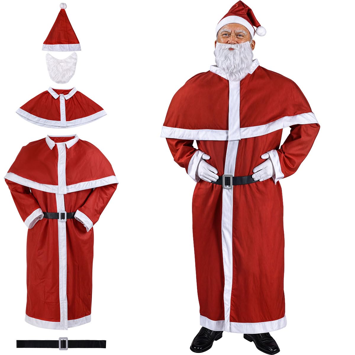 DETEX® Santa Costume for Adults | Father Christmas Outfit, Santa Hat, Beard, Jacket, Trousers, Belt | Funny Christmas Fancy Dress Costume | Santa Suit Adult Size M - XXL | Mens Santa Claus Outfit