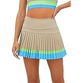Fisoew Women's High Waisted Tennis Skirts Color Block Pleated Athletic Golf Skorts with Built in Shorts