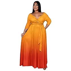Runwind Plus Size Dress for Women 3/4 Sleeve V Neck
