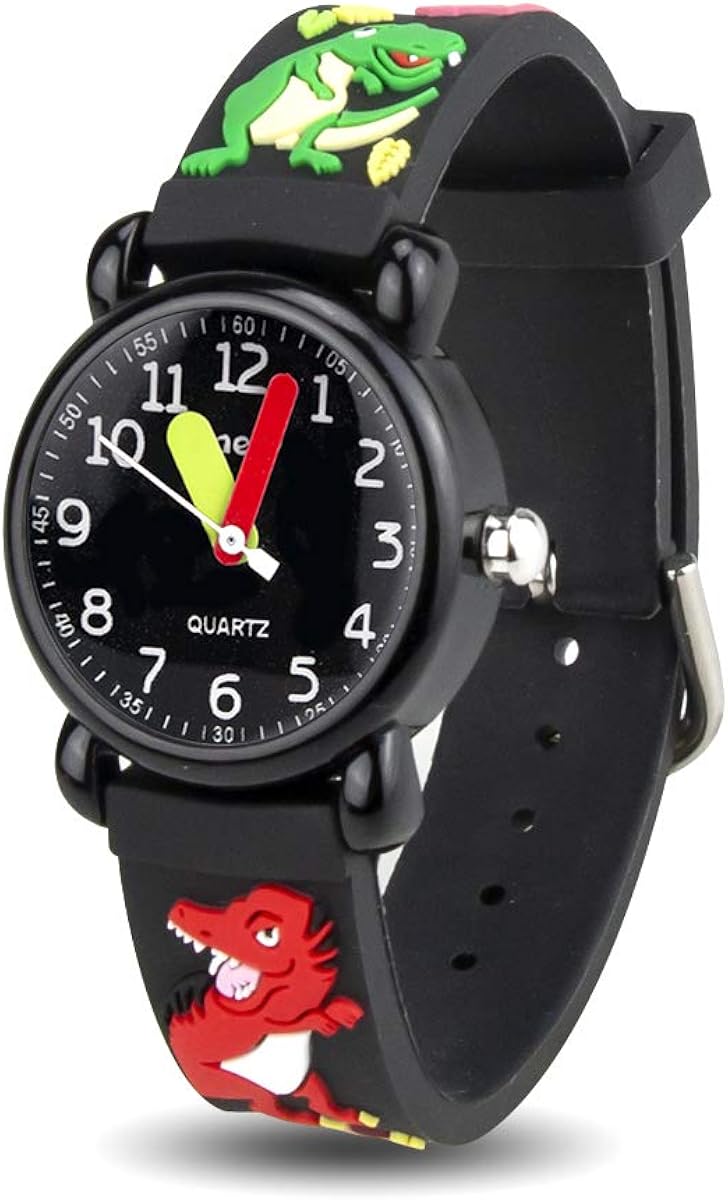 Cute Kids Watch, WIOR Waterproof Children Watch 3D Silicone Band Teaching Wrist Watches Ages 3-12 Analog Time Teacher Cartoon Watch for Toddler Children Little Girls Boys (Black Dinosaur)