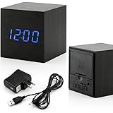 GEARONIC TM Wooden Alarm Clock, LED Square Cube Digital Alarm Thermometer Timer Calendar Updated 2018 Brighter LED -Black