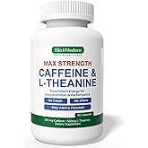 Max Strength Caffeine L Theanine Pills (200mg/500mg) - No Jitters Peak Energy, Focus, Performance, Alertness - Caffeine Pills & L-Theanine Capsules, No Crash & Drowsiness, Potent Supplement, 60 Count