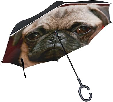 Amazon Knevflow動物犬パグ愛らしい子犬ふわふわ小さいかわいいペットinverted傘large Double Layerアウトドア雨太陽車リバーシブル傘 Knevflow ゴルフ傘
