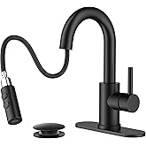FORIOUS Matte Black Bathroom Faucet with Pull Down Sprayer, Single Hole Bar Sink Faucet 1 Hole with Pop Up Drain Hose, Suitable for Bathroom, RV,Vanity, Restroom & Utility Sink