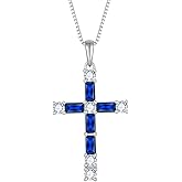 Lwsary Birthstone Cross Necklace 925 Sterling Silver Crucifix Christian Religious Pendant Rectangular Square Cut Cubic Zirconia Jewelry for Women