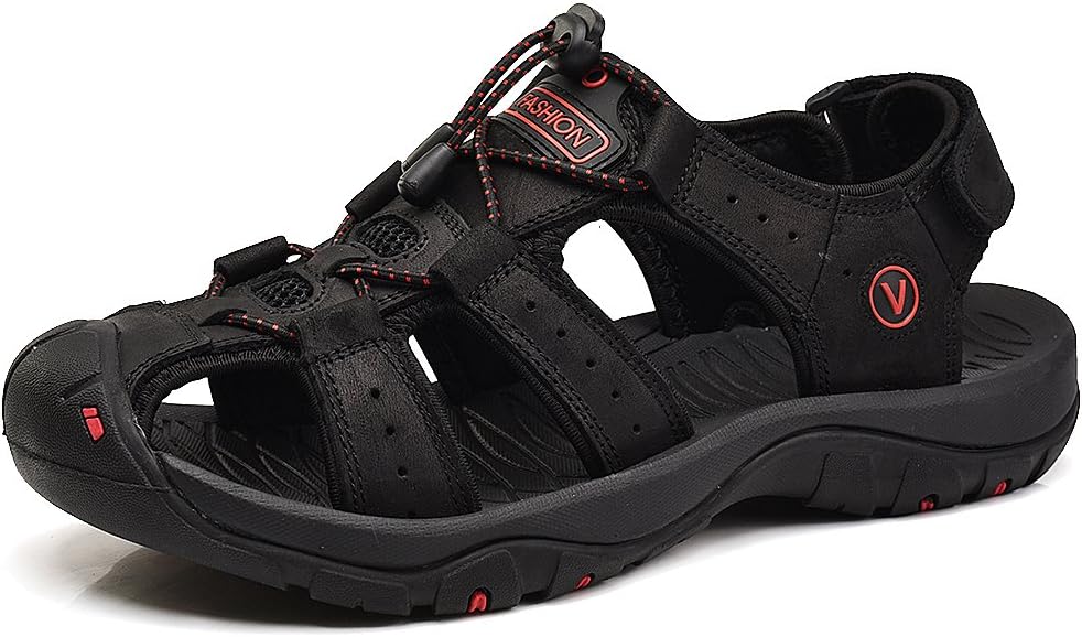 rismart Men's Closed Toe Walking Fastening Trekking Sport Shoes Leather Sandals