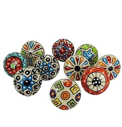 10 X Mixed Bright Coloured Ceramic Cupboard Knobs Cabinet Drawer