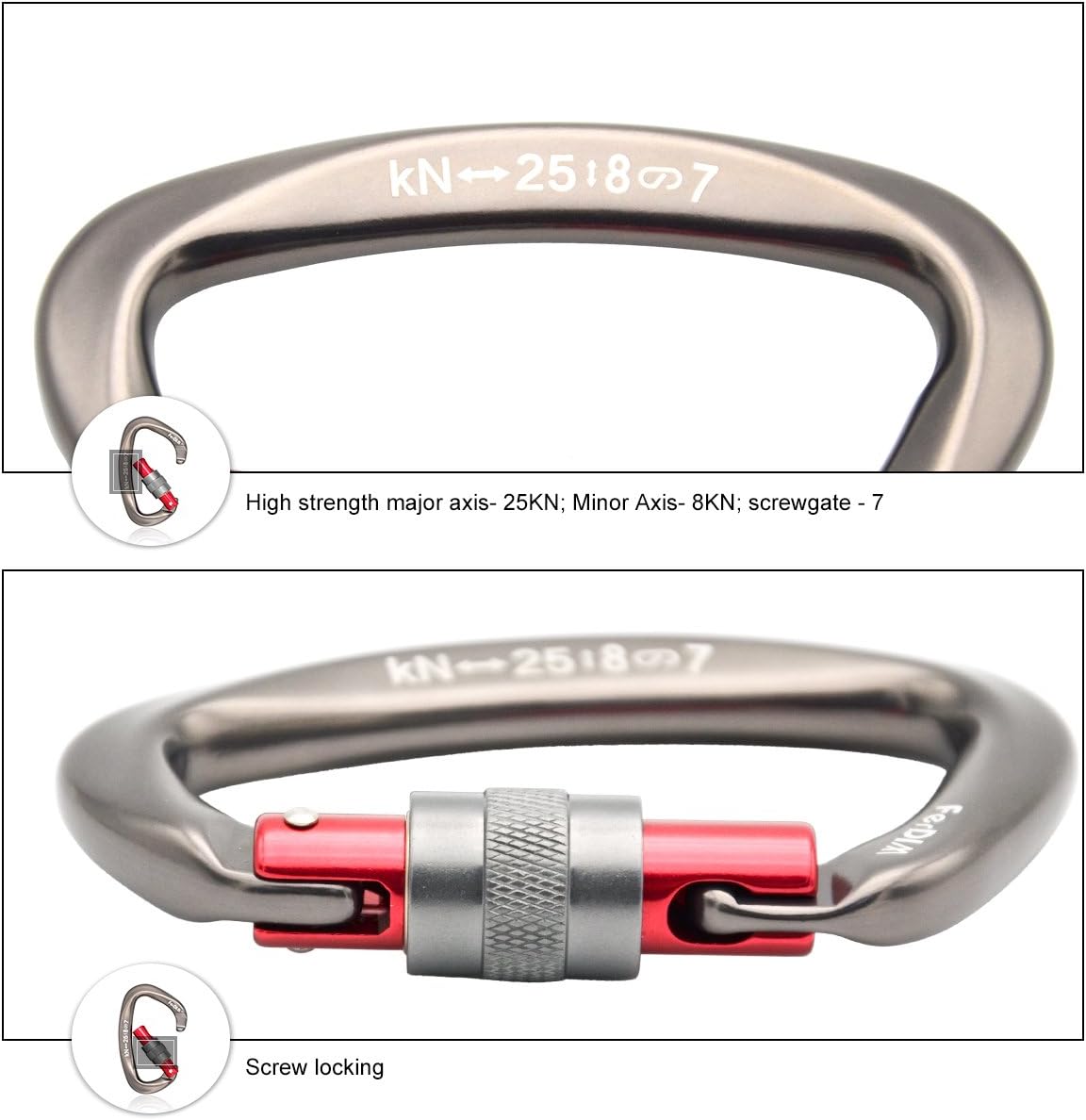 FerDIM Climbing Carabiner 25KN (5620 lbs) CE Certified Professional Heavy Duty Strong Caribeaners Clip for Rock Climbing Rappelling Swinging Tree Climbing Dog Leash D-Shaped Large Size : Sports & Outdoors
