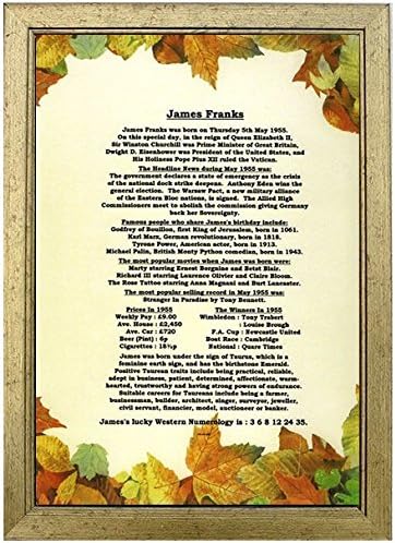 PERSONALISED BIRTHDAY GIFT- Fun Birthday Presents with over 70 Amazing Facts About The Day You Were Born in a Golden Leaves background