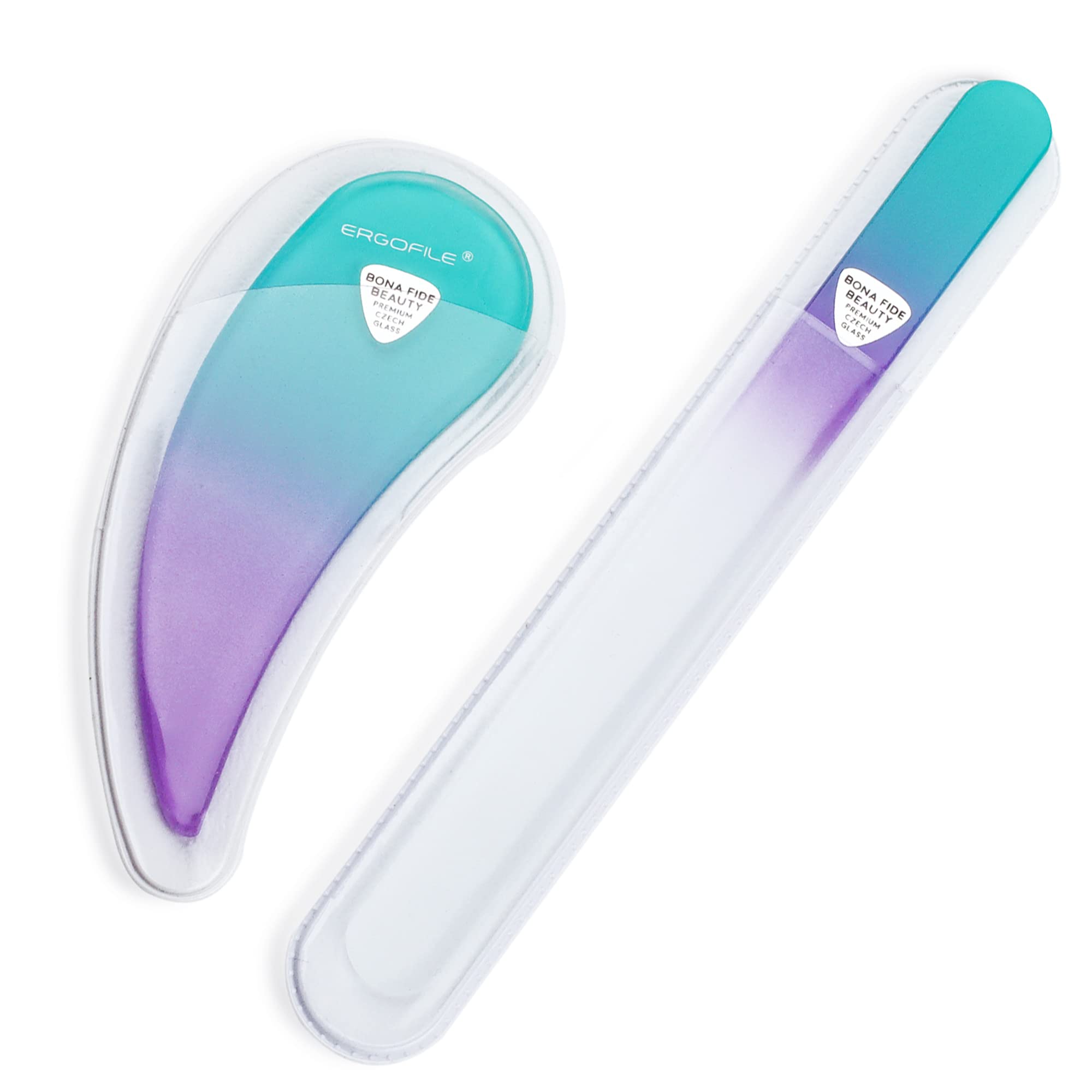 Bona Fide Beauty Ergonomic Nail File Set - 2PC Czech Glass Ergofile Set for Natural Nails and Acrylic Nails (Pastel Green and Violet)