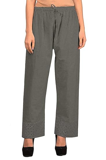 Women Freesize Khadi Look Cotton Palazzo with Styled Lace (Suitable for Waist Size 28 to 44 Inches)