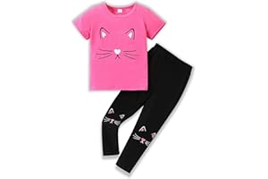 TOGRIELAN 4-8T Toddler Girl Clothes Cat face print Short Sleeve Top+Pants Outfits Girl Spring and summer 2-Piece Set