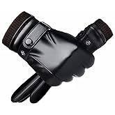 POONWEI Men's Black Leather Winter Gloves, Adjustable Size, Touch Screen Compatible, Non-Slip Palm, Cashmere Lining