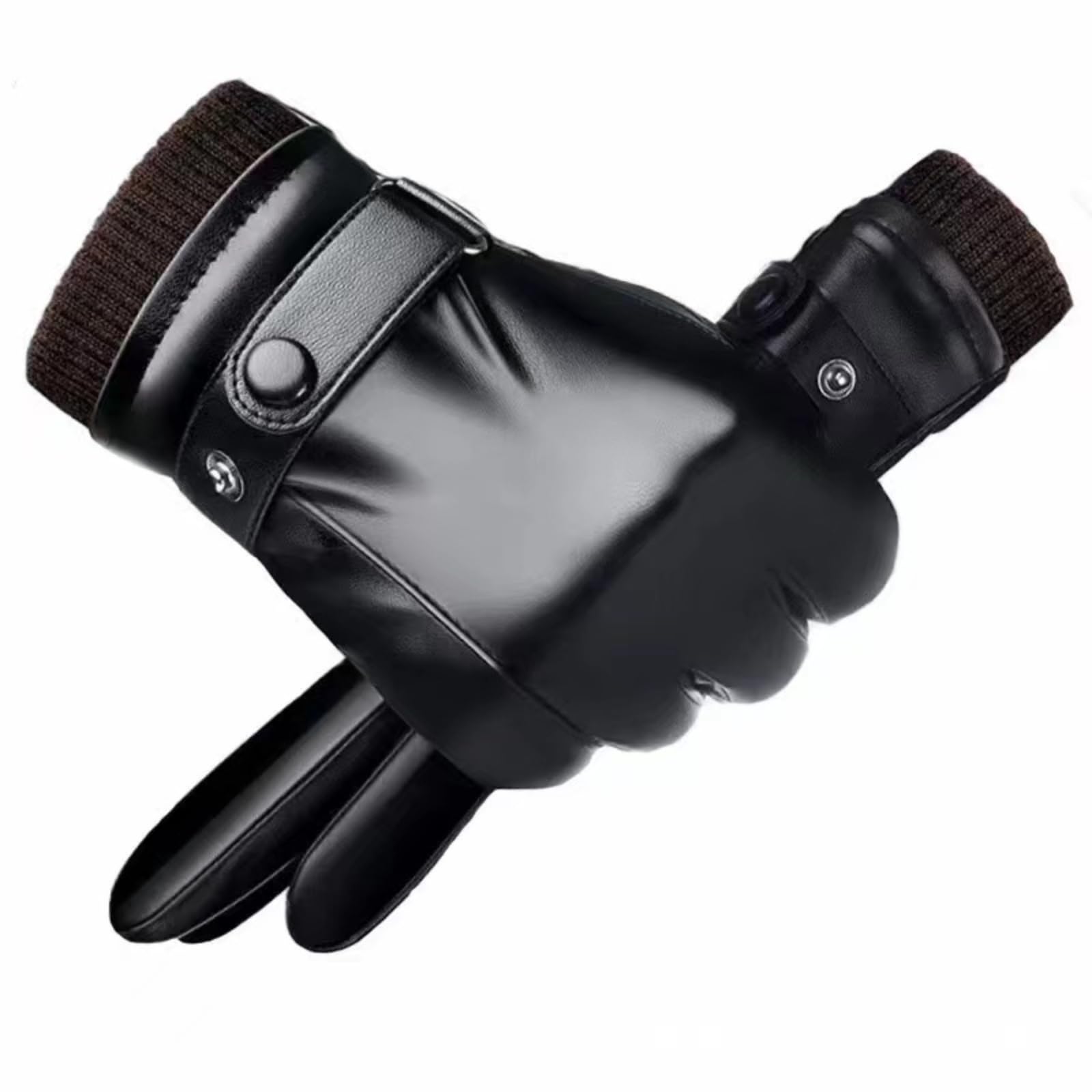 POONWEI Guantes de invierno de cuero negro para hombre, tamaño ajustable, compatible con pantalla táctil, palma antideslizante, forro de cachemira