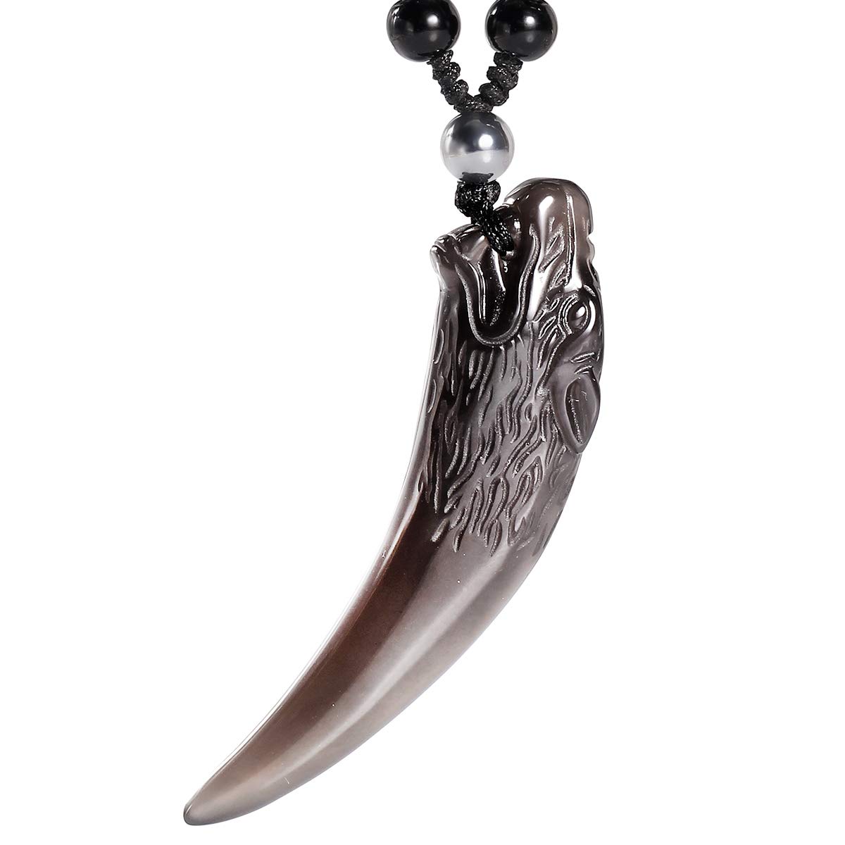 Jewboo Ice Obsidian Wolf Tooth Necklace Natural Stone Healing Crystal Pendant with Extend Bead Chain Unisex