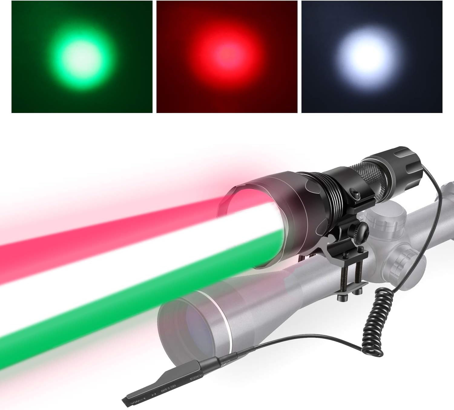Hunting Flashlight Red/Green/White LED Handheld Tactical Light Water Resistant with Rechargeable Batery,Rail Mount, Pressure Switch (3 in 1)