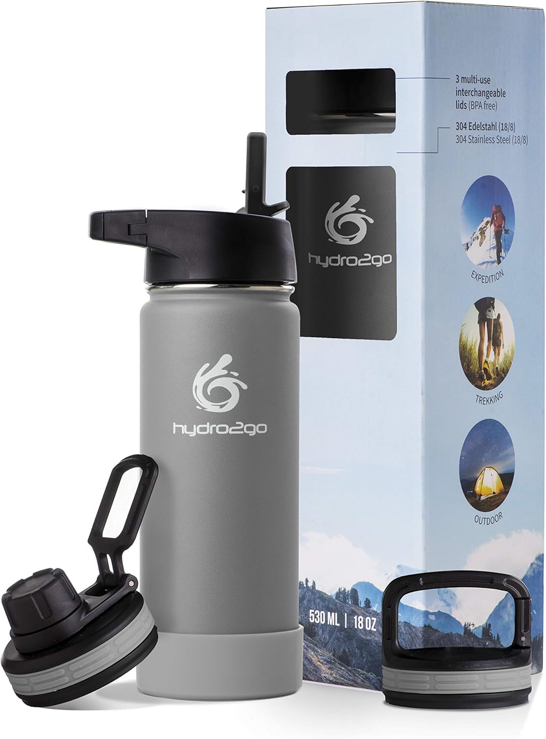 hydro2go Stainless Steel Water Bottle – 500ml, BPA-Free & Leak-Proof – 3 Caps for Kids, School, Sports & Outdoors – Thermal Bottle Stone Gray 2.0