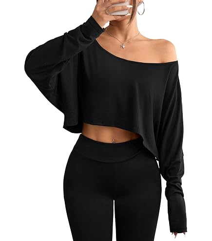 FIGKICKSEN Womens Off the Shoulder Tops Oversized Long Sleeve Crop