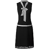 Vijiv Womens 1920s Midi Flapper Dress V Neck Grey Bow Roaring 20s Great Gatsby Dress