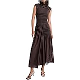 Milumia Women's Ruched Mock Neck Cap Sleeve Mesh Dress Layered Side Slit Long Party Dresses