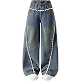 Nivne Tco Tween Girls Baggy Jeans, Trendy Wide Leg Pants with Lace Trim - Loose Fit Casual Denim Pants with Four Pockets