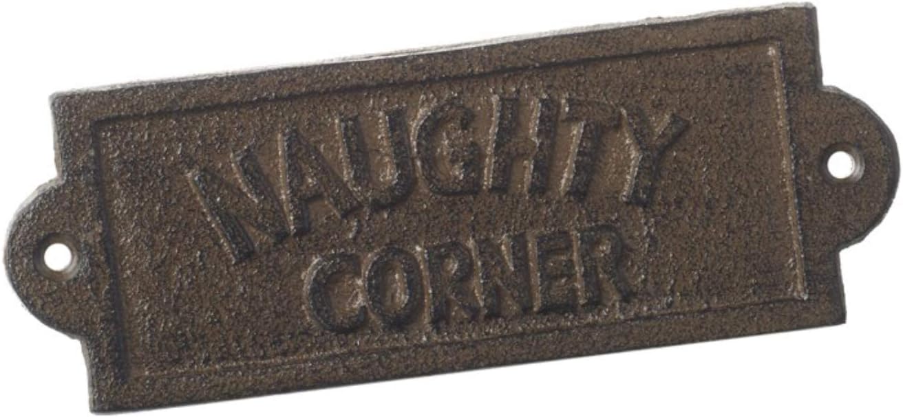 Small Cast Iron Garden Patio Wall Plaque Sign NAUGHTY CORNER, Dark, metallic, 14.2x5x0.5 cm