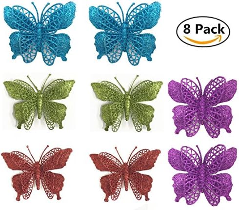 8 Pack Beautiful EXTRA LARGE Jumbo Assorted Colors Butterfly Clip On - Glitter Blue, Magenta, Red, Green (8)