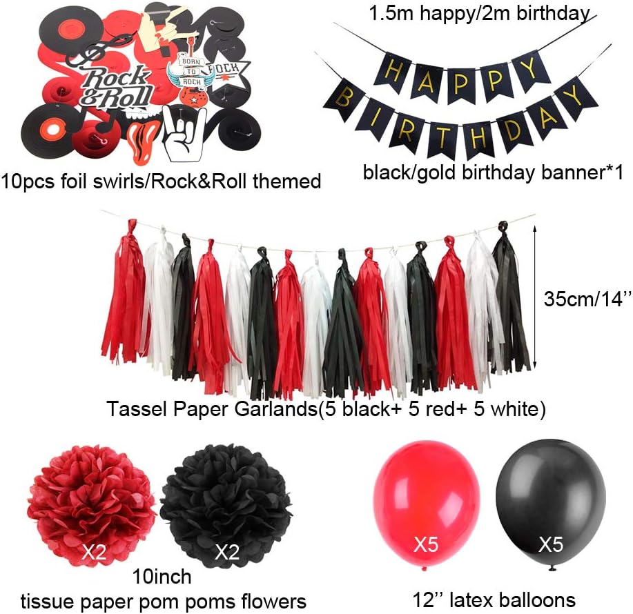 Amazon Com Rock And Roll Themed Birthday Party Decoration Rock Star Foil Swirl Happy Birthday Banner Tassel Paper Garlands Tissue Pom Poms Decor 40pcs Easy Joy Health Personal Care