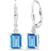 Gem Stone King Leverback Drop Dangle Earrings For Women | 8X6MM Emerald Cut Gemstone Birthstone | 925 Sterling Silver | Fine Jewelry Gifts for Her Mom Women Wife