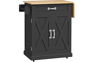 HOMCOM Foldable Kitchen Island with Storage Drawer, Farmhouse Style Rolling Utility Cart, Coffee Bar Cabinet on Wheels with D