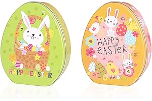 CAXBGKN 2Pcs Easter Candy Boxes Easter Party Decoration Eggs Shaped Goodies Boxes Egg Cookies Tin Storage Container Bunny Iro