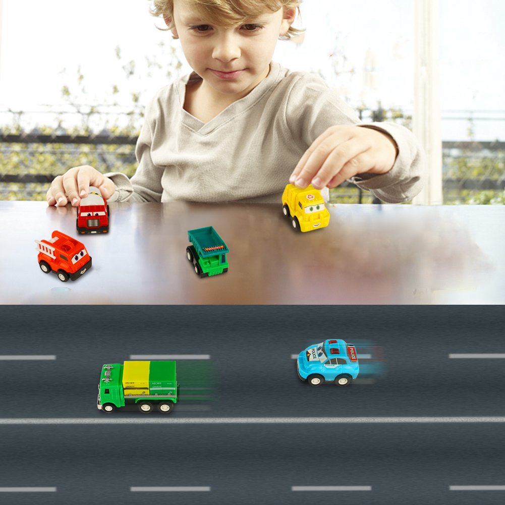 Polizeiauto Spielzeug Rennauto Baufahrzeuge Kinder Zurückziehen Auto Miniaturautos Set für Kinder mit 17 Auto