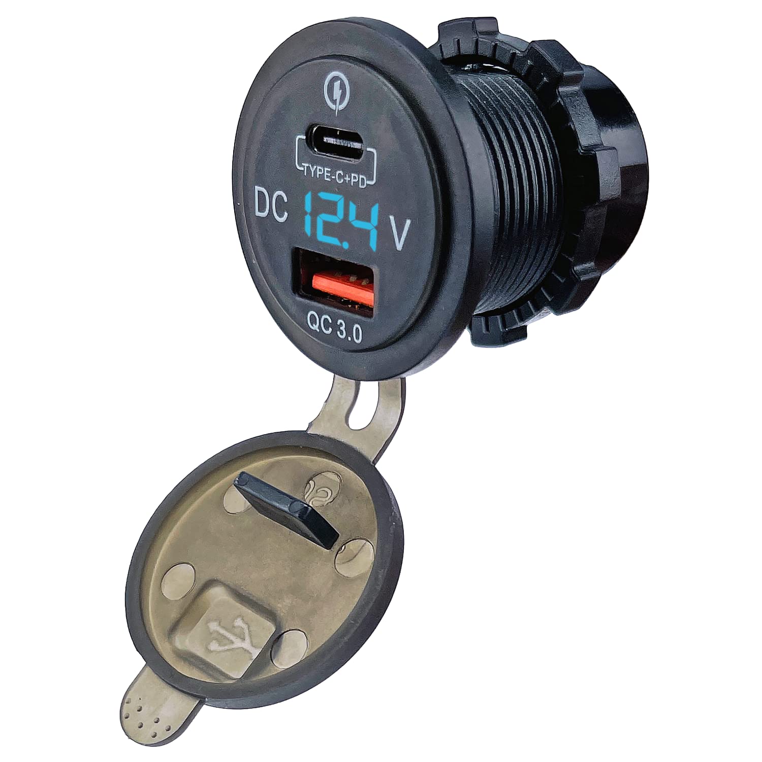 Simply Auto 12/24v Dual USB Fast Charging Socket With Type C and USB 3.0 Sockets and Voltmeter.