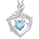 AGVANA Valentines Day Gifts Rose Birthstone Necklace for Women Sterling Silver Rose Flower Heart Necklace Fine Jewelry Anniversary Birthday Gifts for Women Wife Mom Her, Length: 18"+2"