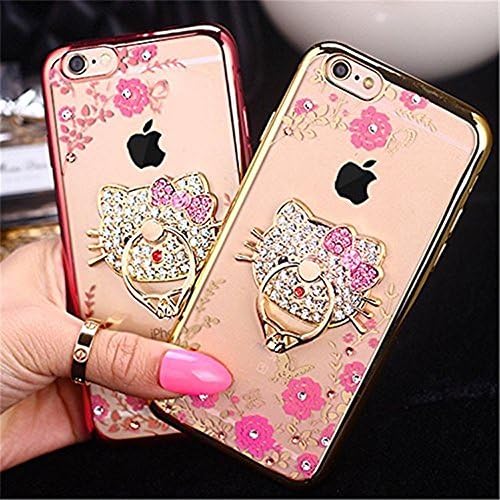 iPhone 5 / 5S / SE Case, SUKAR Luxury Crystal Rhinestone Soft Rubber Bumper Bling Diamond Glitter Gold Case with Hello Kitty Ring Holder Stand (Gold - Hello Kitty)