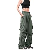 FLEFRM Womens Parachute Cargo Pants with 6 Pockets High Waisted Quick Dry Water-Resistant Baggy Y2K Casual Drawstring Pants