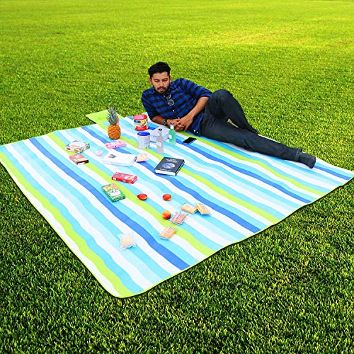 WolfWise 79″x79″ XXL Picnic Blanket Extra Large Fleece Beach Mat with Waterproof Backing Anti Sand, Blue Green Stripes