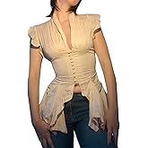 Women’s Ruffle Sleeveless Button Down Split Tops Spring Summer Slim Fit Cute Beach Shirts Blouses
