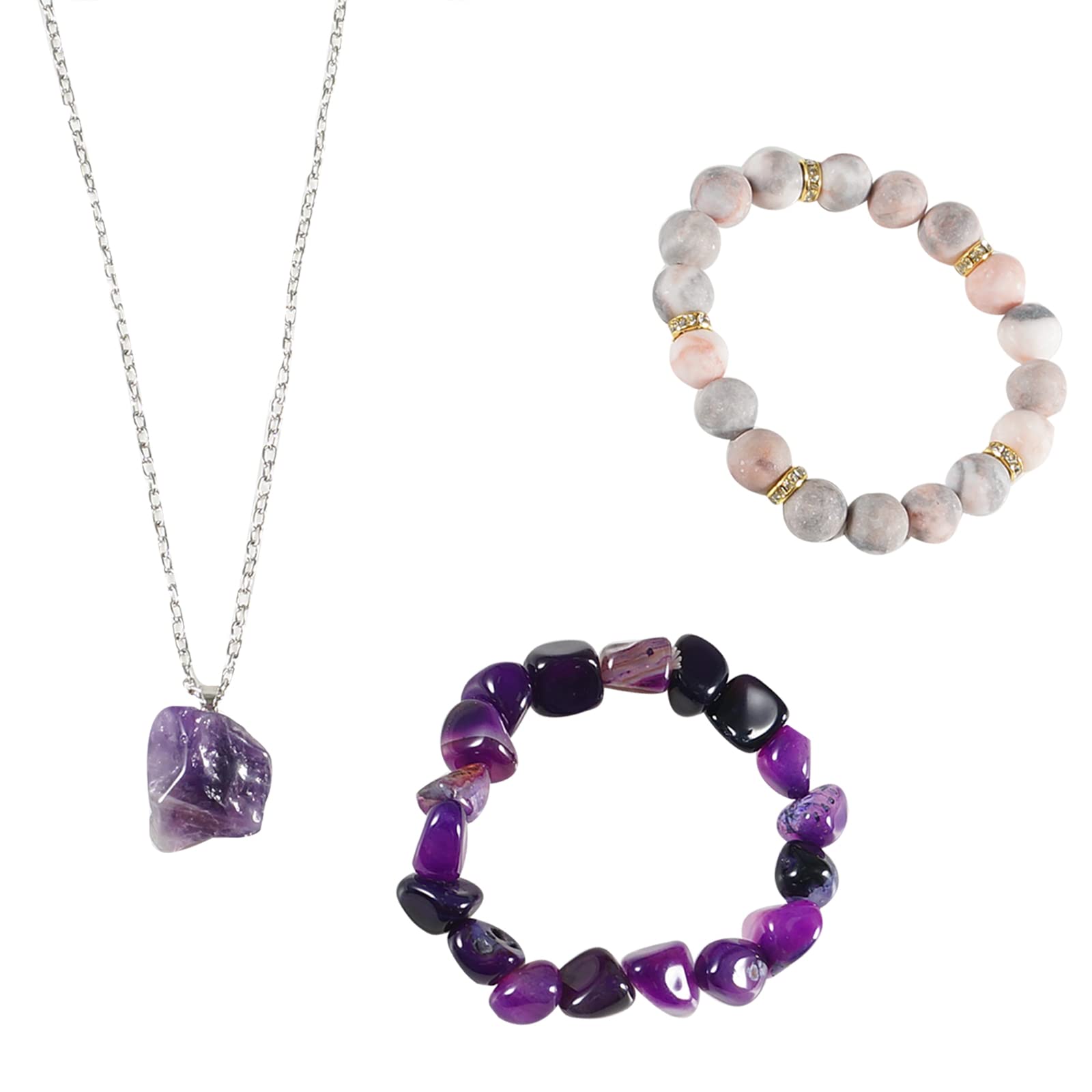 Soulnioi Chakra Bracelets Purple Agate Irregular Agate StoneBeads Bracelet, Healing Crystal Amethyst Pendant Necklace and Women Anxiety Beaded Pink Zebra Bracelet for Stress Relief Yoga Gifts