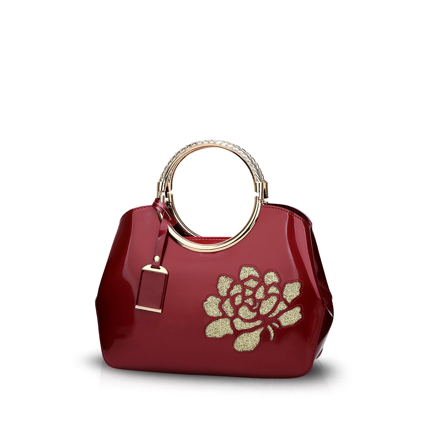 NICOLE&DORIS Handbag Crossbody Top Handle Shoulder Purse Bag Tote Women Satchel Waterproof Bright PU Leather Red Wine Flower