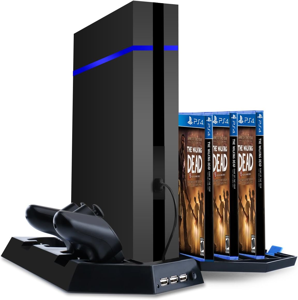 Samoleus Vertical Stand with Cooling Fan, Dual Charging Station with 14 Game Storage Slots and 3 USB Ports for Playstation 4, 4 Slim and 4 Pro