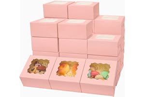 Bakepacker Pink Bakery Boxes with Window 6x6x3 inches Thick & Sturdy Macaroon Pastry Boxes Cookie Boxes for Bakerys（60-Packs）