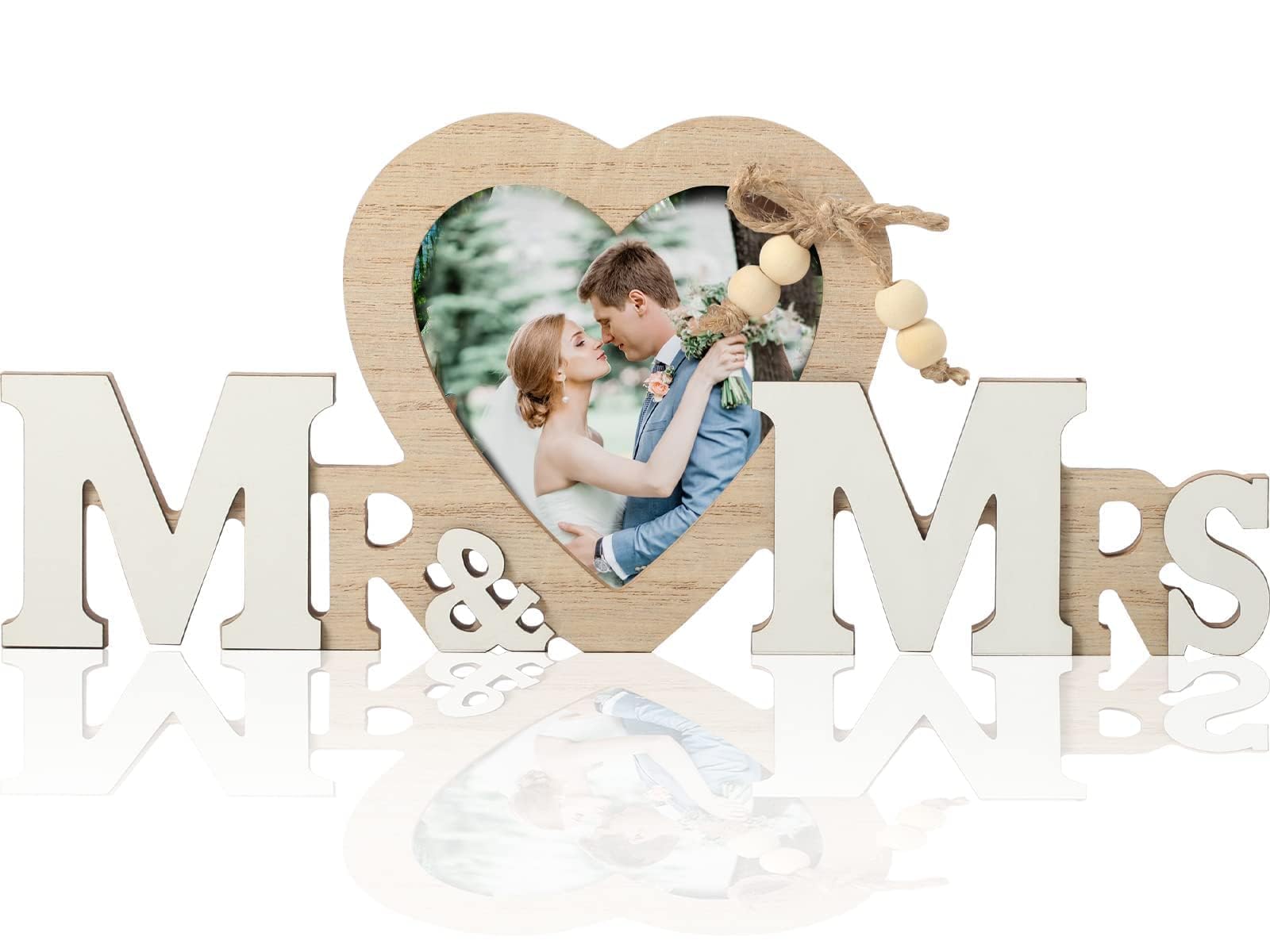 SWTYExt Mr & Mrs Wedding Decorations with Heart Photo Frame, Wedding Stuff for Bride and Groom, Wooden Sign for Engagement Party, Anniversary, Reception, Photography Accessories