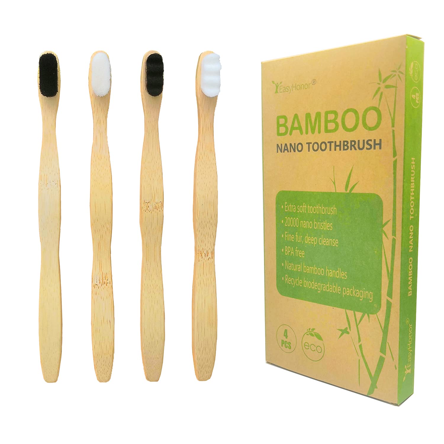Photo 1 of EasyHonor Extra Soft Toothbrush, Natural Bamboo Toothbrush with Micro Fur Ultra Soft 20,000 Bristles, 4-Pack for Adults