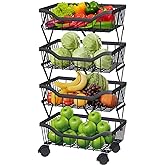 Newzealkids Fruit Basket for Kitchen 4 Tier Stackable Fruit Vegetable Storage Baskets with Wheels Metal Wire Storage Basket Organizer Cart for Kitchen Livingroom Diningroom Office, Black
