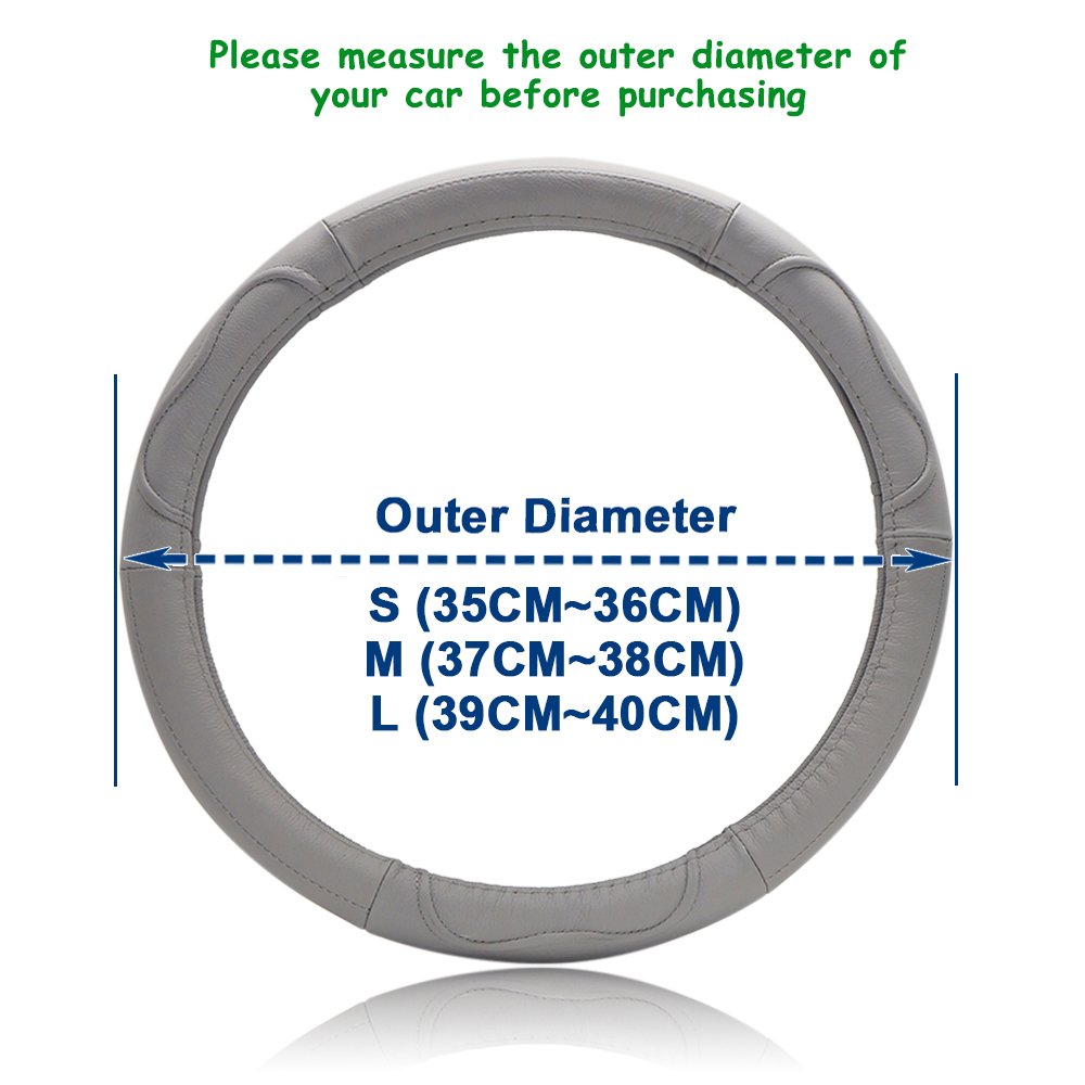 LOCEN Genuine Leather Car steering Wheel Cover - B STYLE - Grey (Outer Diameter 35CM-36CM)