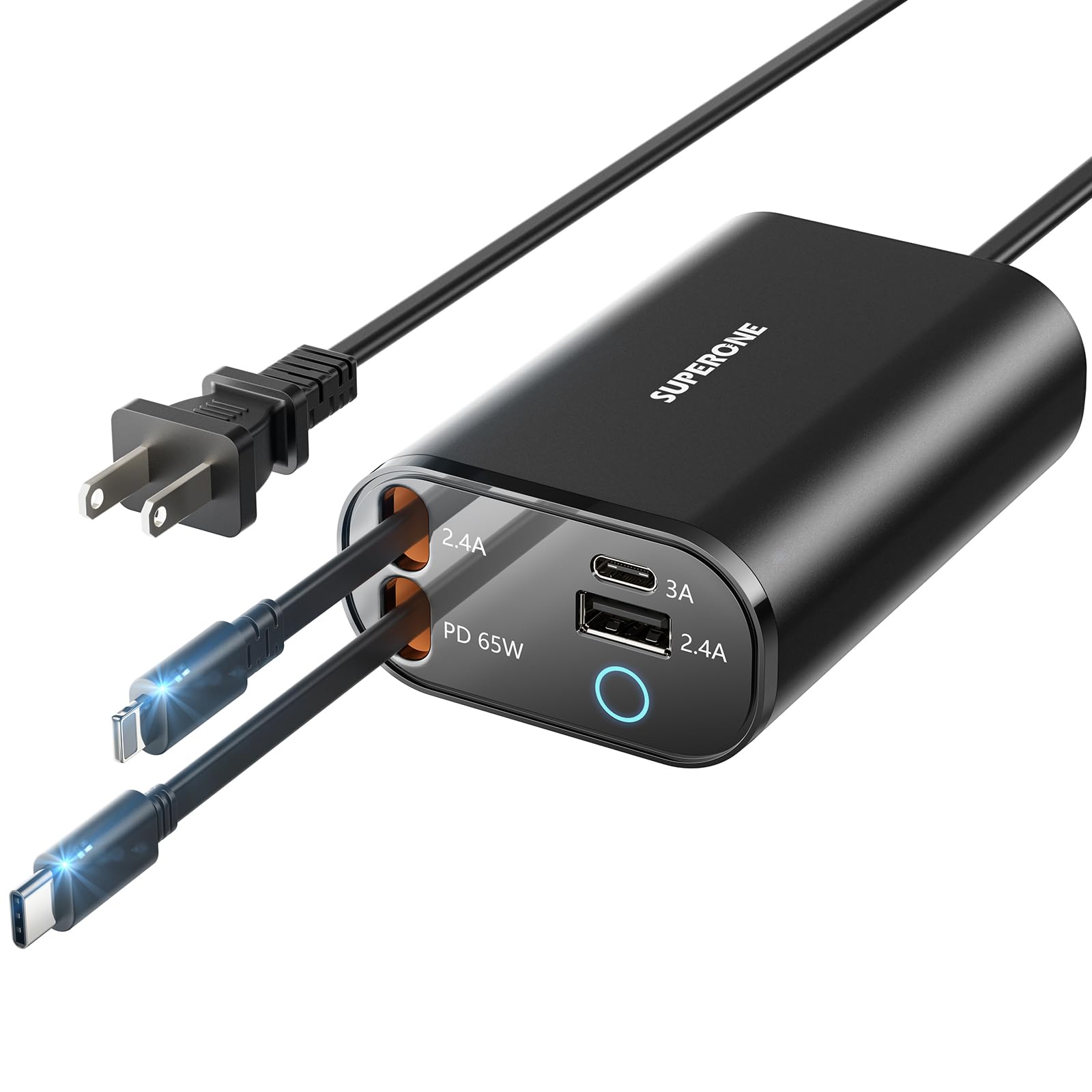 Photo 1 of SUPERONE 104W Fast Retractable Phone Charger Wall Plug, 4-in-1 Retractable Wall Charger PD 65W for Laptop, Multiple USB C Charger with Retractable Cables for iPhone 17 16 15 14, iPad, Laptop